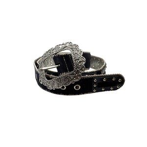 Kathy Van Zeeland Black Silver Studded Western Belt Size L Y2K Nashville Style